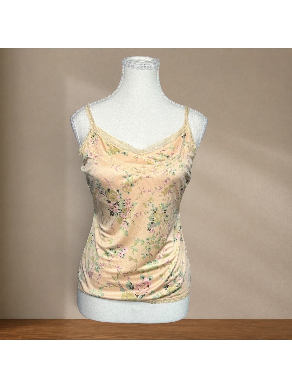Y2K Limited Made USA Floral Satin Cami Lace Trim Coquette Fairycore Tank Top